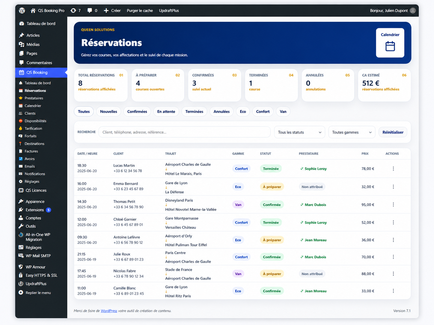 Gestion des réservations VTC dans QS Booking Pro