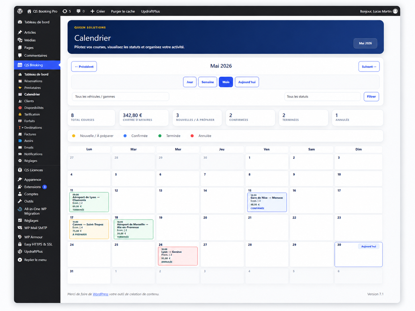 Planning et calendrier des réservations VTC QS Booking Pro
