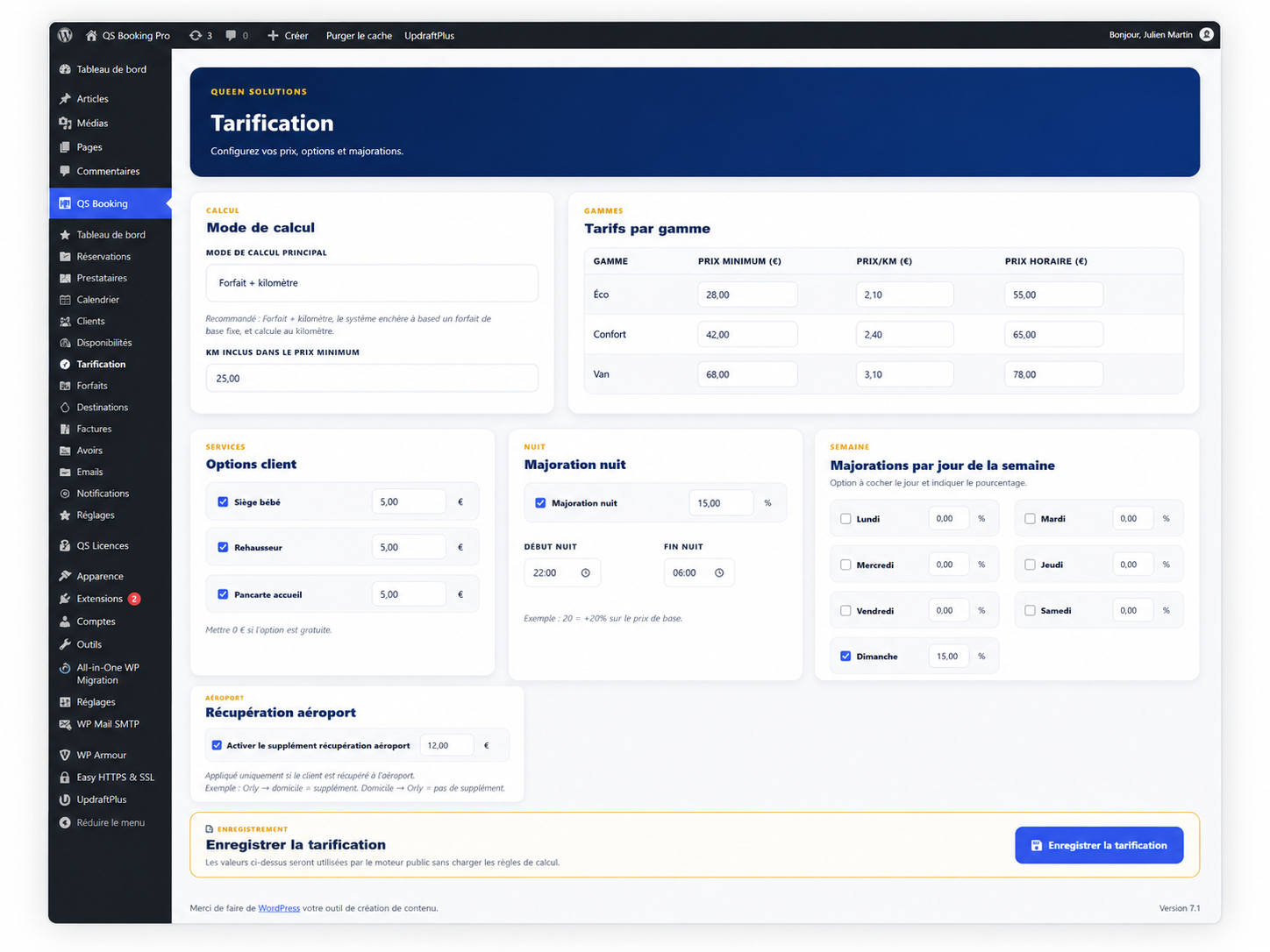 Configuration des tarifs VTC dans QS Booking Pro