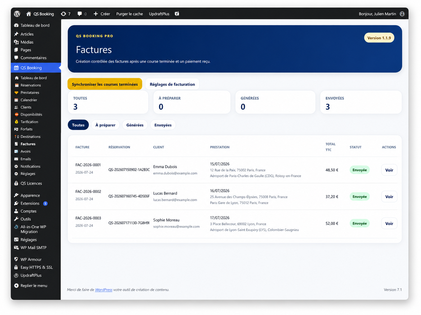 Facturation et avoirs dans QS Booking Pro