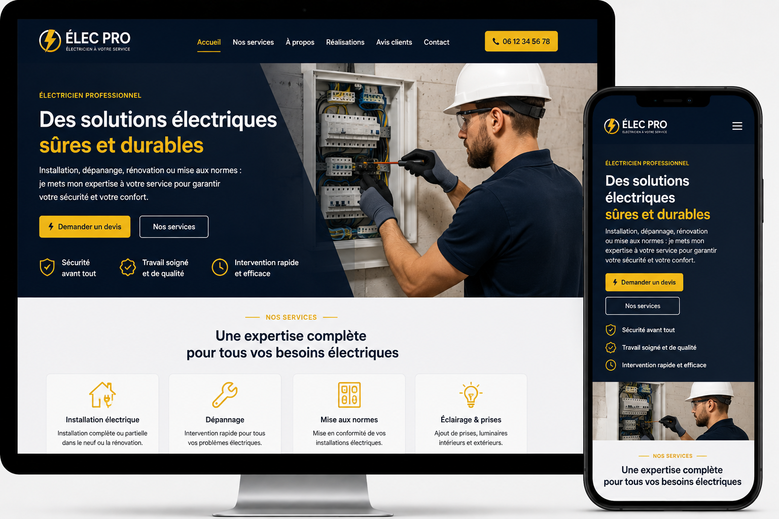 Maquette de site web professionnel pour électricien créée par Queen Solutions