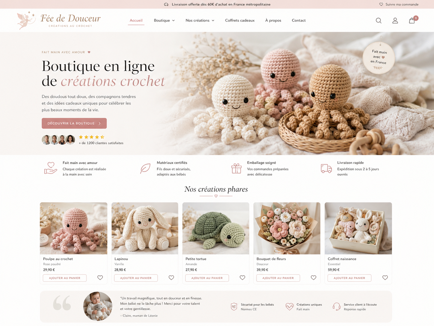 Boutique en ligne Fée de Douceur pour créations artisanales au crochet réalisée par Queen Solutions