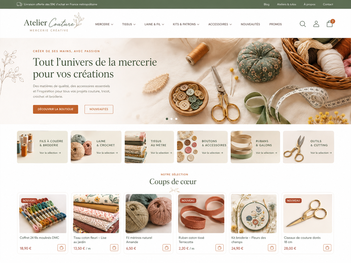 Boutique en ligne Atelier Couture pour mercerie créative réalisée par Queen Solutions